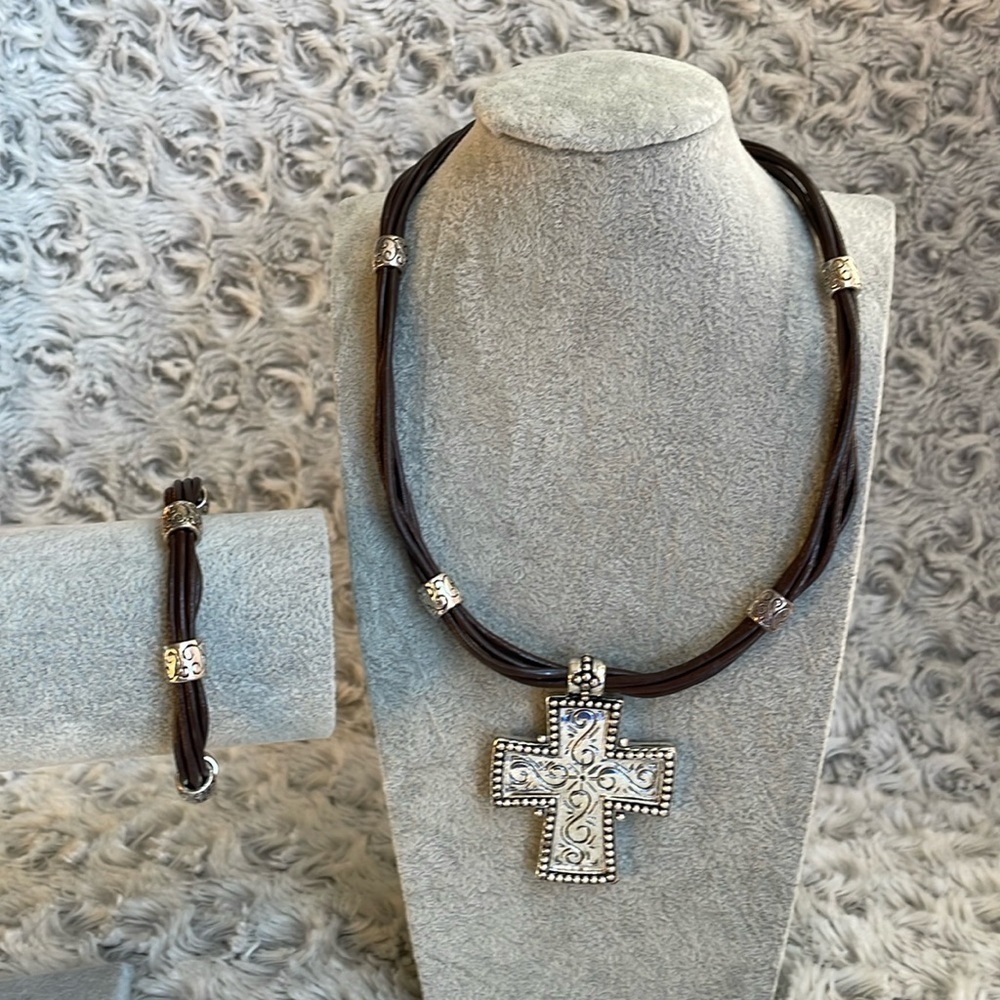 Cross Necklace with bracelet; brown leather like cord necklace and bracelet set